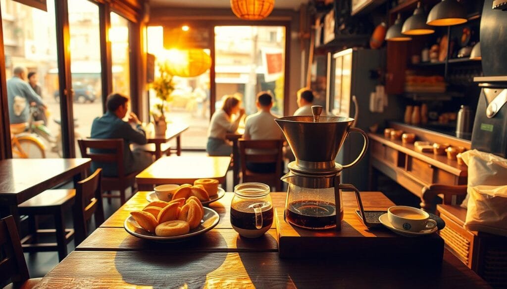 A cozy Vietnamese café nestled in a bustling city street, bathed in warm, golden light that filters through large windows. In the foreground, a classic Vietnamese drip coffee maker, the phin, sits atop a sturdy wooden table, casting a soft shadow. Surrounding it, an array of traditional Vietnamese pastries and snacks, their vibrant colors and textures tempting the senses. In the middle ground, patrons sip from delicate ceramic cups, engaged in lively conversation, while the rear of the café reveals a small kitchen where a chef prepares the iconic Vietnamese egg coffee, its aroma wafting through the air. The scene exudes a sense of local culture, tradition, and the unhurried pace of life. A cozy Vietnamese café nestled in a bustling city street, bathed in warm, golden light that filters through large windows. In the foreground, a classic Vietnamese drip coffee maker, the phin, sits atop a sturdy wooden table, casting a soft shadow. Surrounding it, an array of traditional Vietnamese pastries and snacks, their vibrant colors and textures tempting the senses. In the middle ground, patrons sip from delicate ceramic cups, engaged in lively conversation, while the rear of the café reveals a small kitchen where a chef prepares the iconic Vietnamese egg coffee, its aroma wafting through the air. The scene exudes a sense of local culture, tradition, and the unhurried pace of life.
