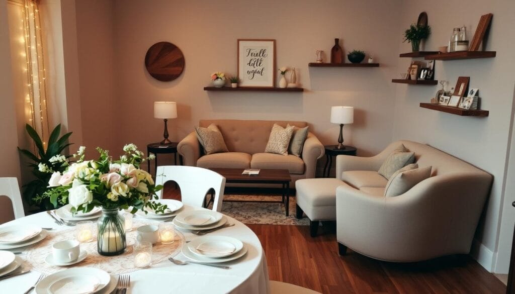 A cozy and intimate baby shower gathering, with the space thoughtfully adapted to create a warm, inviting atmosphere. In the foreground, a beautifully decorated table with pastel-colored tableware, floral centerpieces, and delicate lights casting a soft glow. In the middle ground, plush seating arrangements, such as a loveseat and armchairs, positioned to encourage conversation and a sense of community. The background features neutral-toned walls, accented with rustic wooden shelves displaying carefully curated décor pieces, reflecting the theme of the event. Overall, the scene conveys a sense of comfort, intimacy, and attention to detail, perfectly suited for a memorable and original baby shower celebration.