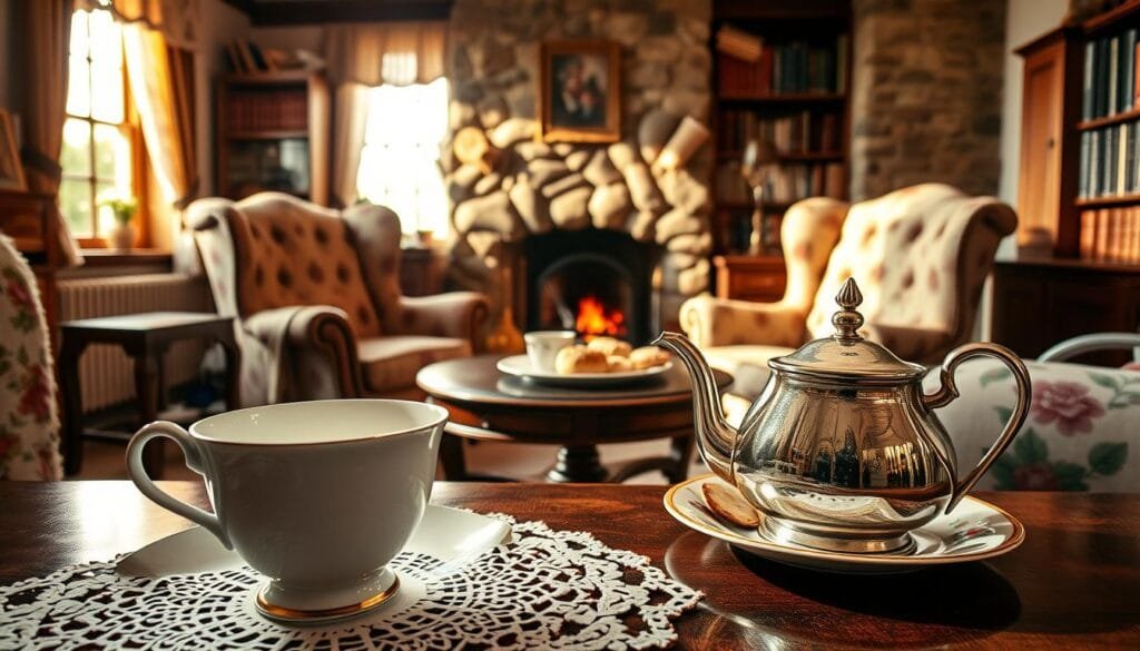 A cozy and traditional British tea scene, set in a quaint countryside cottage. In the foreground, a delicate porcelain teacup and saucer rest on a lace doily, steam gently rising. Beside it, a silver teapot and a plate of freshly baked scones with clotted cream and jam. In the middle ground, an ornate, dark wood tea table is flanked by two plush, wingback armchairs upholstered in a floral pattern. Sunlight streams through lace-curtained windows, casting a warm, golden glow. The background features a stone fireplace with a crackling fire, bookshelves laden with leather-bound volumes, and a cozy, homely ambiance that evokes the quintessential British tea tradition.