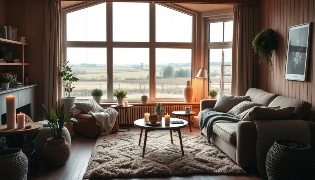 A cozy, inviting living room in a traditional Danish home. Warm, soft lighting casts a gentle glow, illuminating plush, earth-toned furnishings and natural wooden accents. Fluffy, textured rugs and throws create a comfortable, hygge atmosphere. Potted plants and candles add organic touches, while large windows offer serene, pastoral views of a picturesque Danish countryside. Scandinavian design elements, such as clean lines and minimalist decor, complement the overall sense of relaxation and well-being. A soothing, harmonious scene that embodies the Danish art of hygge - comfort, connection, and contentment.