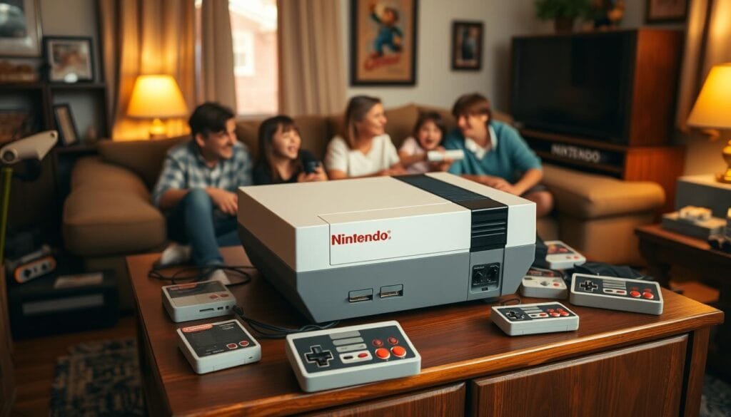 A cozy living room with a classic Nintendo Entertainment System console prominently displayed on a wooden TV stand. The NES is surrounded by a collection of vintage game cartridges and controllers, creating a nostalgic atmosphere. The warm, soft lighting casts a golden glow, highlighting the attention to detail in the console's design. In the background, family members are gathered, their faces filled with excitement as they play together, capturing the joy and togetherness of the Nintendo experience. The scene evokes a sense of timeless, shared memories and the enduring appeal of this iconic gaming system. A cozy living room with a classic Nintendo Entertainment System console prominently displayed on a wooden TV stand. The NES is surrounded by a collection of vintage game cartridges and controllers, creating a nostalgic atmosphere. The warm, soft lighting casts a golden glow, highlighting the attention to detail in the console's design. In the background, family members are gathered, their faces filled with excitement as they play together, capturing the joy and togetherness of the Nintendo experience. The scene evokes a sense of timeless, shared memories and the enduring appeal of this iconic gaming system.