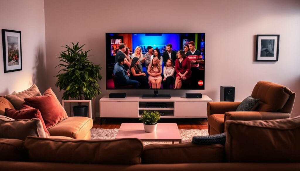 A cozy living room with a large flat-screen television set displaying a vibrant and engaging reality TV show. The room is bathed in a warm, soft light, creating a comfortable and inviting atmosphere. In the foreground, a plush sofa and armchair provide a perfect spot for viewers to immerse themselves in the captivating drama unfolding on the screen. The middle ground features a sleek, modern coffee table, complemented by a lush, verdant potted plant. The background showcases a minimalist, yet stylish decor, with a few framed artworks adorning the walls, adding a touch of sophistication to the space. The overall scene evokes a sense of relaxation and indulgence, capturing the allure of television's guilty pleasure, the world of reality TV.