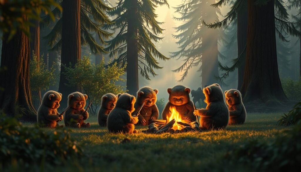 A cozy, nostalgic scene of Ewoks in the Endor forest during the Ewok Rebellion. In the foreground, a group of Ewoks gather around a warm campfire, their furry bodies illuminated by the flickering flames. The midground features lush, verdant foliage and towering trees, casting soft shadows across the peaceful forest floor. In the background, a gentle mist rises, adding an ethereal quality to the atmosphere. The lighting is soft and golden, evoking the nostalgic aesthetics of the 1980s. The composition is balanced, drawing the viewer's eye to the Ewoks' playful interactions. An intimate, charming depiction of the beloved Star Wars species, evoking fond memories of the original trilogy.