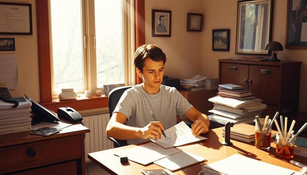 A cozy office setting in the spring of 1987, with a desk, a phone, and a few simple office supplies. Sunlight streams in through the window, casting a warm, slightly hazy glow over the room. A young man, presumably Matt Groening, sits at the desk, a pensive expression on his face as he sketches something on a piece of paper, the beginnings of the iconic Simpson family taking shape. The atmosphere is one of quiet creativity and inspiration, capturing the moment when a simple idea blossomed into a cultural phenomenon.