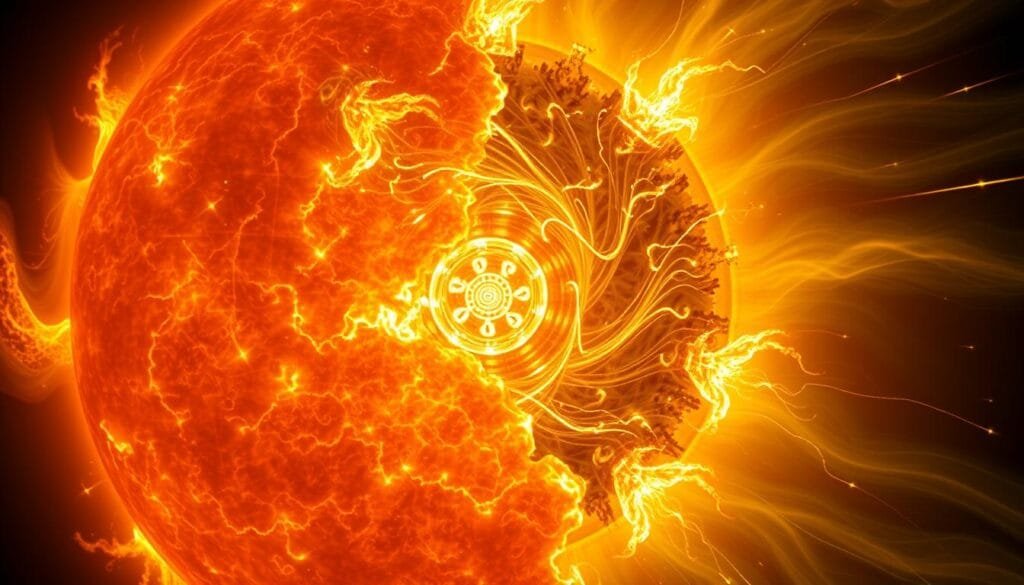 A cross-section of the sun, revealing its intricate nuclear core. The fiery orb's center glows with a molten intensity, a fusion reactor pulsing with energy. Swirling plasma arcs and twisting magnetic fields guide the photons on their arduous journey, navigating the sun's dense, chaotic interior before finally escaping into the outer layers. Intricate details of the core's structure emerge, from the complex network of convection currents to the fluctuating luminescence that bathes the scene in an ethereal, otherworldly light. A sense of scale and depth conveys the immense size and power of this celestial furnace, the source of all life on Earth. A cross-section of the sun, revealing its intricate nuclear core. The fiery orb's center glows with a molten intensity, a fusion reactor pulsing with energy. Swirling plasma arcs and twisting magnetic fields guide the photons on their arduous journey, navigating the sun's dense, chaotic interior before finally escaping into the outer layers. Intricate details of the core's structure emerge, from the complex network of convection currents to the fluctuating luminescence that bathes the scene in an ethereal, otherworldly light. A sense of scale and depth conveys the immense size and power of this celestial furnace, the source of all life on Earth.