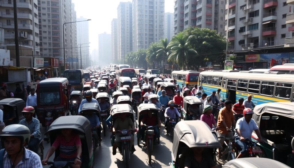 A crowded street in Dhaka, Bangladesh, during rush hour. In the foreground, a chaotic traffic jam of rickshaws, bicycles, and buses, their horns blaring. In the middle ground, pedestrians weave through the congestion, dodging vehicles. The background is a blur of towering apartment buildings and street vendors, casting long shadows in the bright sunlight. The atmosphere is one of bustling energy and urban intensity, capturing the essence of transportation challenges in the densely populated city.