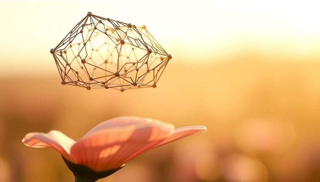 A delicate, metallic structure hovers gracefully, defying the constraints of gravity. The "aerographene," a material so lightweight it rests effortlessly upon a fragile flower petal, casts a soft, ethereal glow. The composition is bathed in warm, diffused lighting, highlighting the intricate, lattice-like patterns of the ultralight metal. In the background, a dreamlike, pastel-tinted landscape provides a serene backdrop, further emphasizing the weightless, almost magical quality of the scene. Captured from a low angle, the image conveys a sense of wonder and awe at the extraordinary properties of this remarkable material. A delicate, metallic structure hovers gracefully, defying the constraints of gravity. The "aerographene," a material so lightweight it rests effortlessly upon a fragile flower petal, casts a soft, ethereal glow. The composition is bathed in warm, diffused lighting, highlighting the intricate, lattice-like patterns of the ultralight metal. In the background, a dreamlike, pastel-tinted landscape provides a serene backdrop, further emphasizing the weightless, almost magical quality of the scene. Captured from a low angle, the image conveys a sense of wonder and awe at the extraordinary properties of this remarkable material.