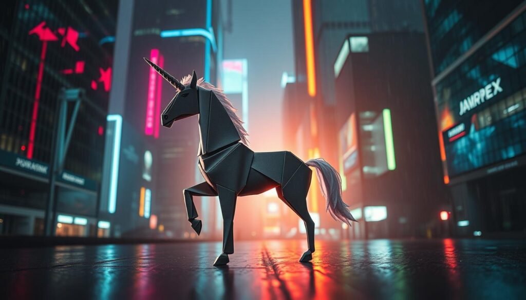 A delicate origami unicorn, its intricate folds casting dynamic shadows, stands in a dimly lit cyberpunk cityscape. Neon-tinged rain falls, reflecting off the sleek surfaces of towering skyscrapers. The creature's ethereal presence contrasts with the gritty, industrial environment, creating an evocative juxtaposition. Dramatic backlighting from an unseen source highlights the unicorn's elegant form, imbuing it with an otherworldly aura. The scene is captured through a shallow depth of field, drawing the viewer's eye to the captivating centerpiece. Hazy, atmospheric lighting lends a sense of mystery and melancholy to the tableau, inviting contemplation of the boundaries between fantasy and reality.