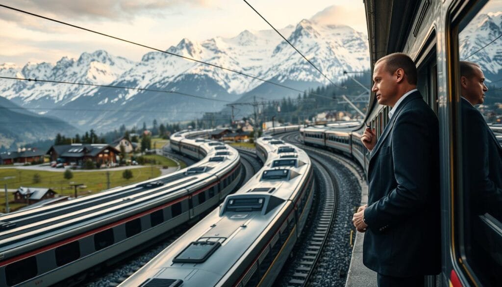 A dense network of sleek, gleaming trains snaking through the Swiss countryside, passing by quaint villages and majestic snow-capped peaks. A train conductor stands at the platform, his uniform crisp and his gaze attentive, ensuring the trains depart with Swiss precision. Soft, diffused lighting illuminates the scene, casting a warm glow over the polished metal and glass of the carriages. The composition frames the trains as the central focus, with the breathtaking alpine landscape serving as a dramatic backdrop, showcasing the country's unparalleled natural beauty. The overall atmosphere exudes a sense of efficiency, reliability, and a deep appreciation for the engineering marvels that have shaped Switzerland's transportation network.