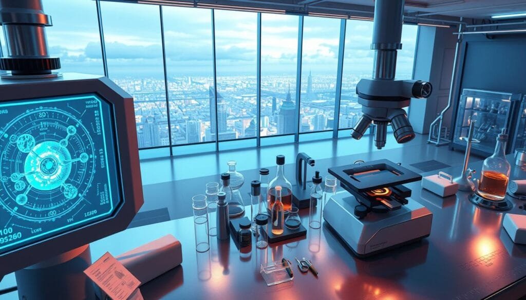 A detailed 3D illustration of "investigación" (investigation) showcasing a futuristic scientific laboratory setting. The foreground features a large, sleek, high-tech microscope or scanner with a holographic display panel showing complex molecular structures. In the middle ground, various scientific instruments, beakers, and other lab equipment are arranged neatly on a gleaming metal workbench, bathed in a cool, bluish-white ambient lighting. The background depicts a panoramic view of the laboratory, with glass walls offering a glimpse of a breathtaking cityscape beyond, suggesting the cutting edge of scientific progress. The scene conveys a sense of innovation, discovery, and the relentless pursuit of knowledge about the natural world.