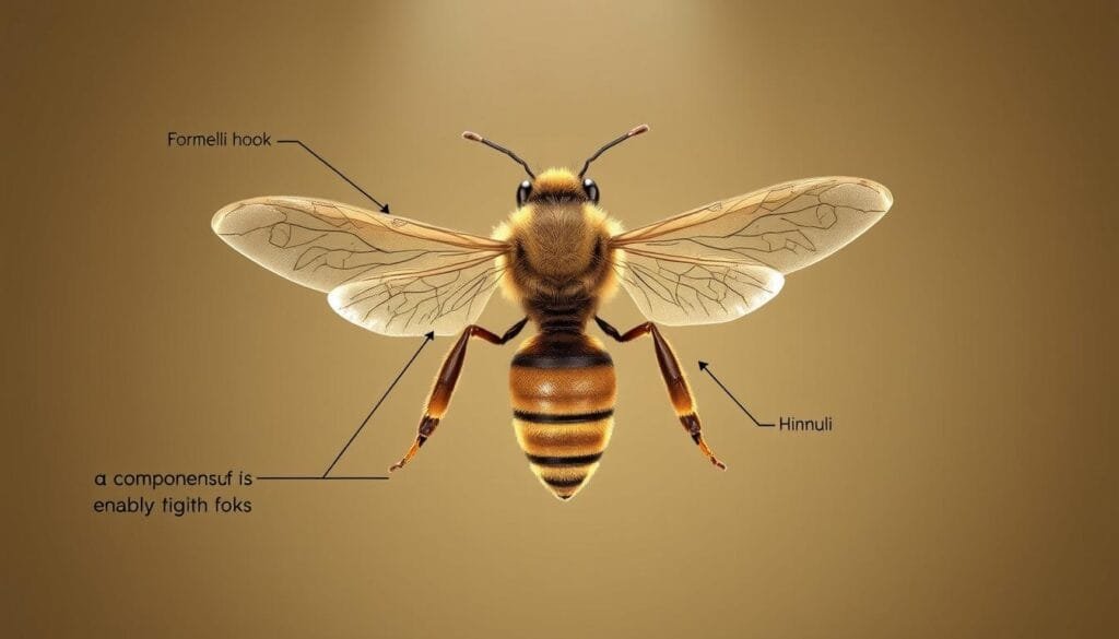 A detailed anatomical illustration of the key components enabling the flight of the European honey bee, Apis mellifera. The foreground prominently features the insect's delicate, membranous wings and the distinctive hamuli hooks that connect the fore and hindwings. The middle ground showcases the powerful thorax, the central engine driving the bee's ascent. Soft lighting from above casts subtle shadows, accentuating the intricate structures. The background is a muted, neutral tone, allowing the subject to take center stage. Rendered with meticulous realism and technical accuracy to support the educational goals of the article. A detailed anatomical illustration of the key components enabling the flight of the European honey bee, Apis mellifera. The foreground prominently features the insect's delicate, membranous wings and the distinctive hamuli hooks that connect the fore and hindwings. The middle ground showcases the powerful thorax, the central engine driving the bee's ascent. Soft lighting from above casts subtle shadows, accentuating the intricate structures. The background is a muted, neutral tone, allowing the subject to take center stage. Rendered with meticulous realism and technical accuracy to support the educational goals of the article.