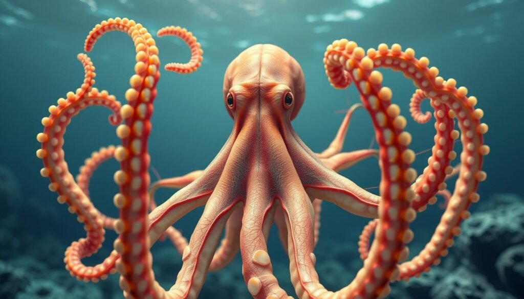 A detailed, anatomical illustration of the nervous system of an octopus, with a focus on its distributed neural network across its eight tentacles. Crisp, high-resolution rendering with a warm, scientific color palette. The tentacles are depicted in the foreground, showcasing the complex web of neural pathways that enable the octopus's remarkable intelligence and dexterity. The middle ground features the octopus's central brain, while the background subtly suggests an underwater environment, hinting at the octopus's natural habitat. Precise, technical detailing captures the intricate nervous system structure, offering inspiration for the design of soft robotics and bioinspired AI systems.
