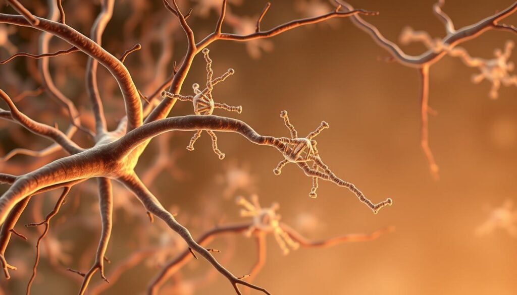 A detailed, anatomically accurate illustration of microRNA molecules within a neural tissue. The scene depicts the intricate network of neurons, with the microRNA structures visibly interacting with the RNA strands. Soft, warm lighting illuminates the delicate, translucent nature of the microRNA, highlighting their role in genetic regulation and evolution. The background is a muted, neutral palette, allowing the focus to remain on the central subject. Rendered with a high level of scientific accuracy and visual clarity to support the exploration of the topic "Genetics and Evolution: The Role of microRNA and RNA Editing".