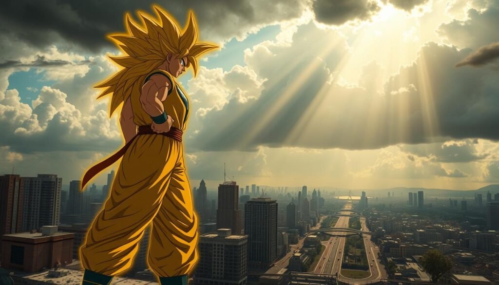 A detailed, cinematic scene of the Dragon Ball universe, showcasing the epic context and timeline of Akira Toriyama's creative process. In the foreground, a towering, muscular figure stands in a powerful Super Saiyan pose, radiating golden energy. The middle ground features a bustling cityscape, with skyscrapers and vehicles, suggesting the long-running, expansive nature of the franchise. In the distant background, dramatic clouds swirl, casting an ominous, yet contemplative tone, hinting at the forgotten details that shape a legendary series. The lighting is dramatic, with shafts of light piercing through the clouds, illuminating the central character. The camera angle is low, emphasizing the grandeur and scale of the scene, as if capturing a pivotal moment in Dragon Ball's storied history.