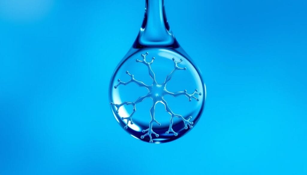 A detailed close-up of a droplet of vibrant azure-colored hemocyanin, the copper-based respiratory pigment found in the blood of mollusks and arthropods. The droplet is suspended in a meticulously rendered, softly lit, transparent medium, allowing the intricate molecular structure of the hemocyanin to be clearly visible. The lighting casts subtle highlights and shadows that accentuate the striking blue hue and elegant, branching molecular geometry. The composition is tightly framed, filling the frame with the captivating beauty of this essential biological compound responsible for oxygen transport in invertebrate species.