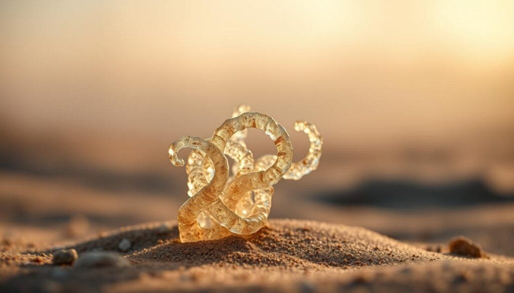 A detailed close-up of a fulgurite, a rare and remarkable geological formation created when lightning strikes sand. The intricate, twisted glass structure emerges from the ground, illuminated by a soft, warm light. The fulgurite's surface reflects the play of light and shadow, revealing its delicate, vitrified texture. The scene is set against a hazy, atmospheric background, evoking the moment of the lightning strike and the awe-inspiring natural process that formed this "fossilized lightning". The composition highlights the fulgurite's unique and captivating morphology, inviting the viewer to marvel at the power and artistry of nature.