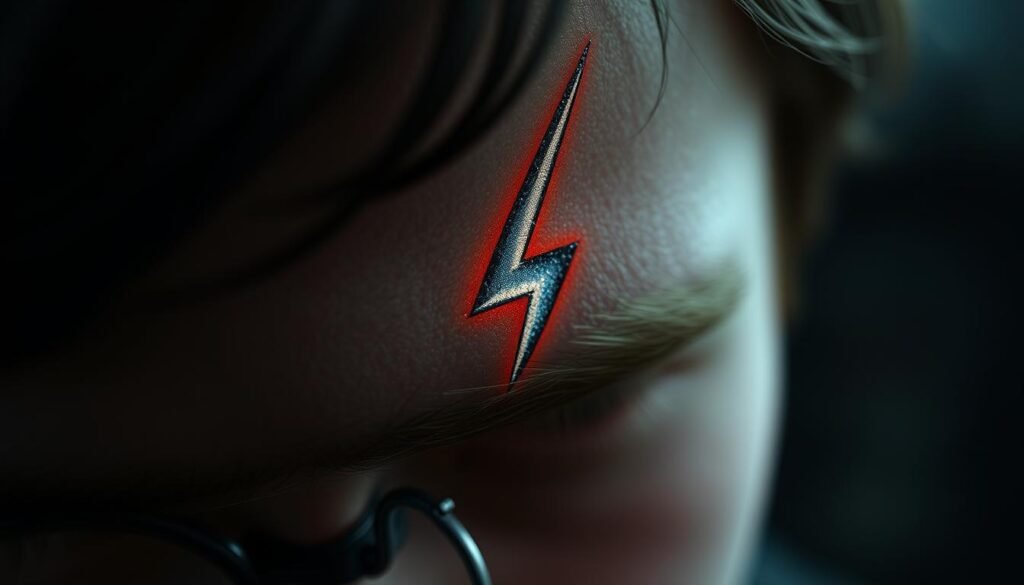 A detailed close-up of the famous lightning bolt scar on Harry Potter's forehead. The scar is rendered in a realistic, highly detailed style, with intricate textures and subtle shading to capture its iconic shape. The scar appears as if illuminated by a soft, diffused lighting, casting subtle shadows and highlights that accentuate its form. The background is blurred and out of focus, keeping the viewer's attention solely on the striking, iconic scar. The overall mood is one of reverence and mysticism, hinting at the scar's deeper significance within the wizarding world.