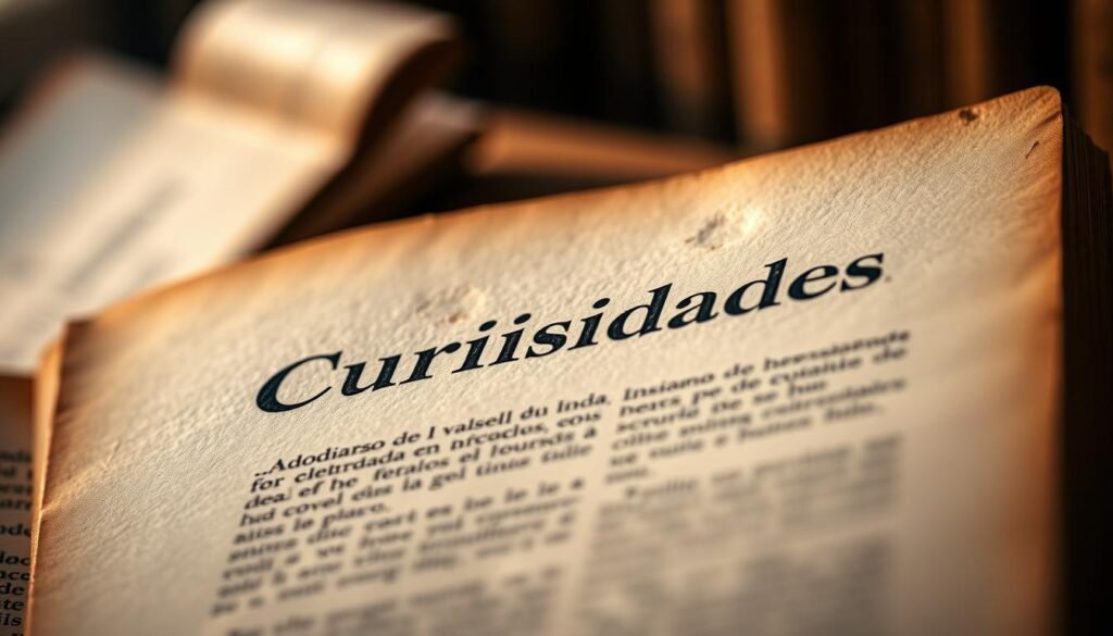 A detailed close-up shot of an open book, with the chapter title "Curiosidades" prominently displayed on the page. The page has a vintage, worn appearance, evoking a sense of history and discovery. The lighting is soft and warm, casting a gentle glow across the page, highlighting the intricate patterns and textures of the paper. In the background, a blurred, hazy scene suggests the book is part of a larger collection, hinting at the wealth of knowledge contained within. The overall composition conveys a sense of intellectual curiosity and the joy of uncovering interesting facts and details.
