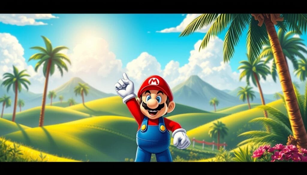 A detailed, colorful illustration of the iconic video game character Super Mario, standing triumphantly in the foreground of a lush, vibrant landscape that evokes the classic Nintendo Super Entertainment System. Mario is rendered with exquisite precision, his trademark red cap, blue overalls, and white gloves standing out against a mid-ground of rolling green hills, towering palm trees, and a bright, sun-drenched sky. The lighting is warm and natural, casting soft shadows and highlights that bring depth and realism to the scene. The overall mood is one of nostalgia, creativity, and the enduring legacy of Nintendo's pioneering video game innovations. A detailed, colorful illustration of the iconic video game character Super Mario, standing triumphantly in the foreground of a lush, vibrant landscape that evokes the classic Nintendo Super Entertainment System. Mario is rendered with exquisite precision, his trademark red cap, blue overalls, and white gloves standing out against a mid-ground of rolling green hills, towering palm trees, and a bright, sun-drenched sky. The lighting is warm and natural, casting soft shadows and highlights that bring depth and realism to the scene. The overall mood is one of nostalgia, creativity, and the enduring legacy of Nintendo's pioneering video game innovations.