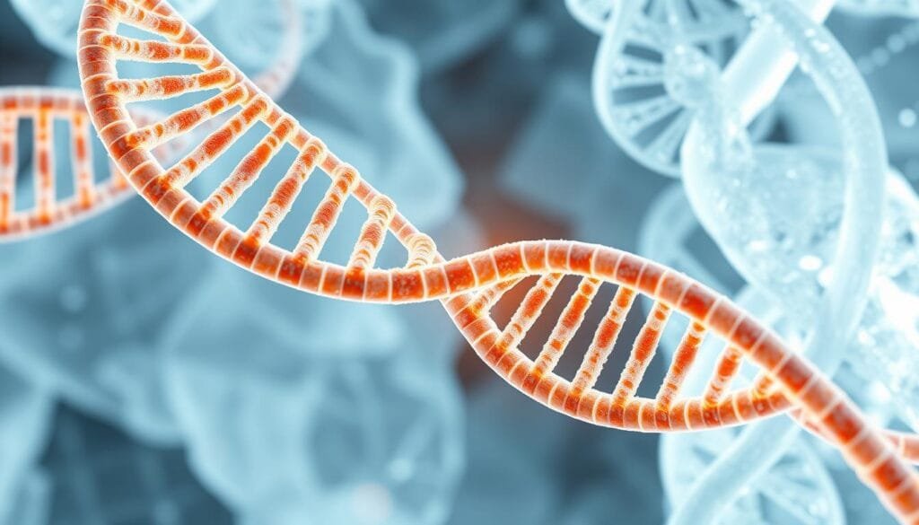 A detailed cross-section of a human genome, showcasing the intricate double helix structure of DNA. Ribbons of genetic code wind elegantly through a translucent, crystalline backdrop, illuminated by soft, diffused lighting that casts subtle shadows. The central focus is the minuscule percentage of the genome that codes for proteins, highlighted with a warm, amber glow to emphasize its significance. Surrounding this core, the vast, predominantly non-coding regions stretch out, rendered in cool, muted tones to convey the immense scale and complexity of the human genome. The overall composition evokes a sense of wonder and scientific inquiry, inviting the viewer to contemplate the remarkable insights revealed by the Human Genome Project.
