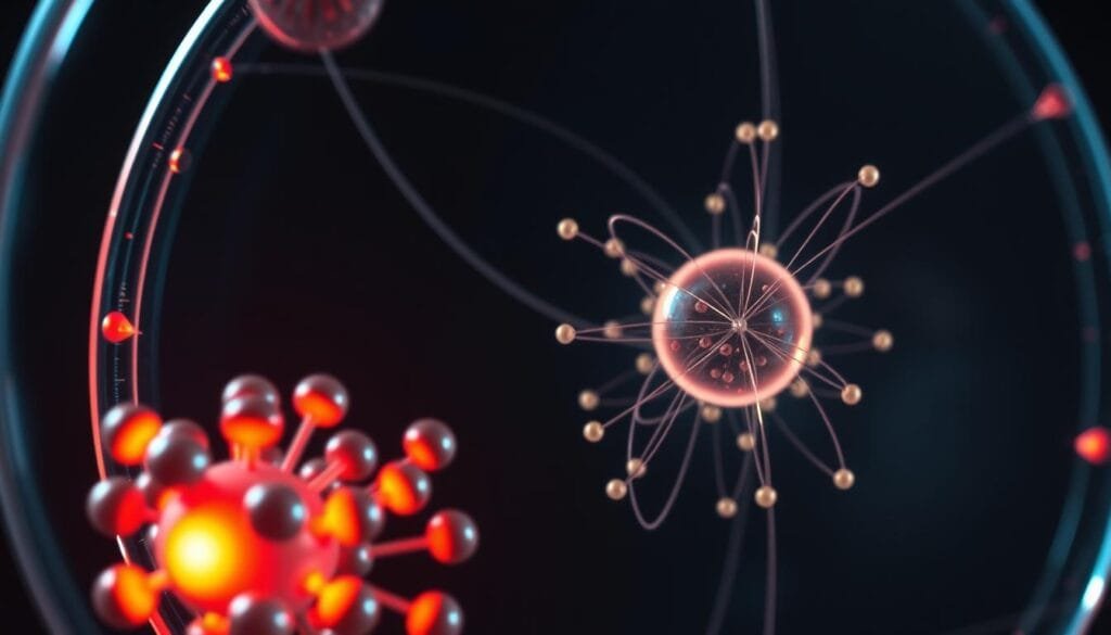 A detailed cross-section of an atom, revealing its intricate interior. In the foreground, a cluster of glowing, luminous iones in various colors and shapes, representing the diverse charged particles within. The middle ground showcases the orbital shells and electron configurations, with delicate lines tracing the complex paths of the negatively charged particles. In the background, the dense, yet ethereal nucleus pulses with an intense energy, hinting at the powerful forces contained within. The scene is bathed in a soft, diffuse lighting that accentuates the depth and dimensionality of the atomic structure, creating a sense of wonder and scientific curiosity.