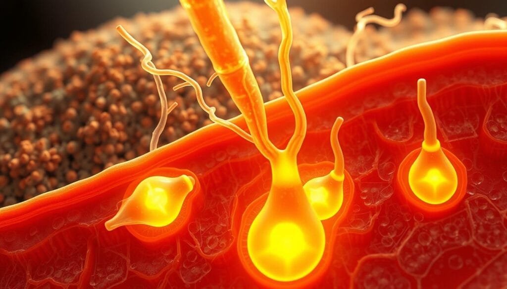 A detailed cross-section of human sweat glands, showcasing their intricate structure and relationship to the surrounding skin microbiome. The glowing, translucent glands emerge from the epidermis, their ducts snaking through the dermis. Intricate capillary networks surround each gland, delivering the necessary fluids. In the background, a teeming microbial community is visible, with diverse bacterial colonies occupying the skin's surface. The composition emphasizes the symbiotic nature of this system, where the sweat glands and microbiota work in harmony to regulate the skin's odor and health. Soft, warm lighting illuminates the scene, highlighting the delicate balance of this intricate biological process.