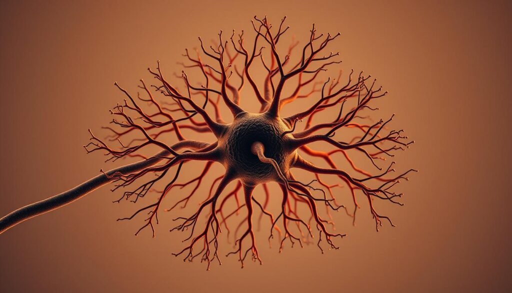 A detailed cross-section of intricate dendritic structures, branching out from the soma of a neuron. The delicate, tree-like formations are illuminated with a warm, soft light, casting subtle shadows that reveal their intricate three-dimensional geometry. The background is a muted, neutral palette, allowing the dendritic network to take center stage. The image captures the complexity and beauty of the neural computations that power the human brain, hinting at the immense processing capabilities hidden within the seemingly simple structure of a single neuron.