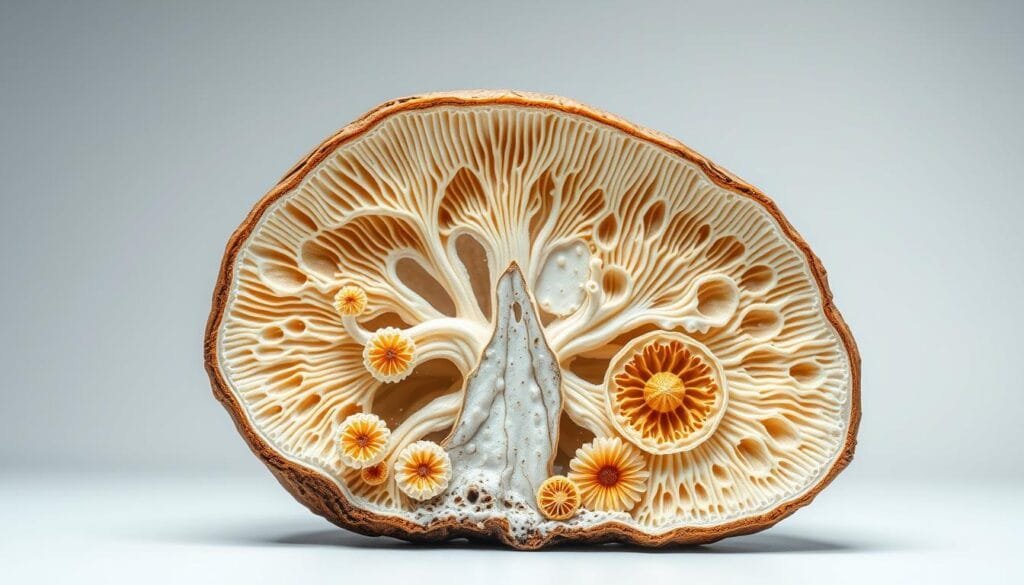 A detailed cross-section view of fungal organisms, showcasing their key structural differences from plants and animals. A crisp, high-resolution scientific illustration, captured under bright, evenly-diffused studio lighting to accentuate the intricate mycelia, fruiting bodies, and internal cell structures. Rendered with a sleek, minimalist aesthetic and precise anatomical accuracy to highlight the unique fungal kingdom, set against a clean, neutral background that allows the organic forms to stand out.