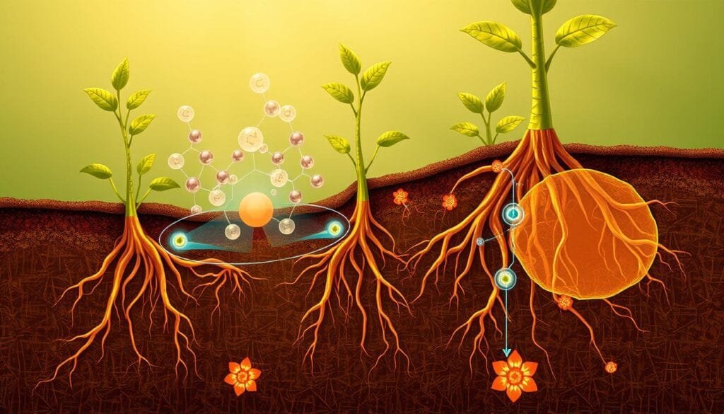 A detailed, cross-sectional illustration of volatile organic compounds (VOCs) in the context of plant-to-plant communication. The image should depict a complex network of chemical signals traveling through the soil, with roots and rhizomes as the primary conduits. Utilize a warm, organic color palette that evokes the natural world. Employ a cutaway perspective to reveal the intricate underground dynamics, while maintaining a sense of depth and scale. Incorporate microscopic details of molecular structures, pheromones, and other volatile organic compounds to convey the scientific aspect. The overall composition should balance technical accuracy with a visually striking and imaginative representation of this vital, yet often unseen, aspect of plant ecology. A detailed, cross-sectional illustration of volatile organic compounds (VOCs) in the context of plant-to-plant communication. The image should depict a complex network of chemical signals traveling through the soil, with roots and rhizomes as the primary conduits. Utilize a warm, organic color palette that evokes the natural world. Employ a cutaway perspective to reveal the intricate underground dynamics, while maintaining a sense of depth and scale. Incorporate microscopic details of molecular structures, pheromones, and other volatile organic compounds to convey the scientific aspect. The overall composition should balance technical accuracy with a visually striking and imaginative representation of this vital, yet often unseen, aspect of plant ecology.