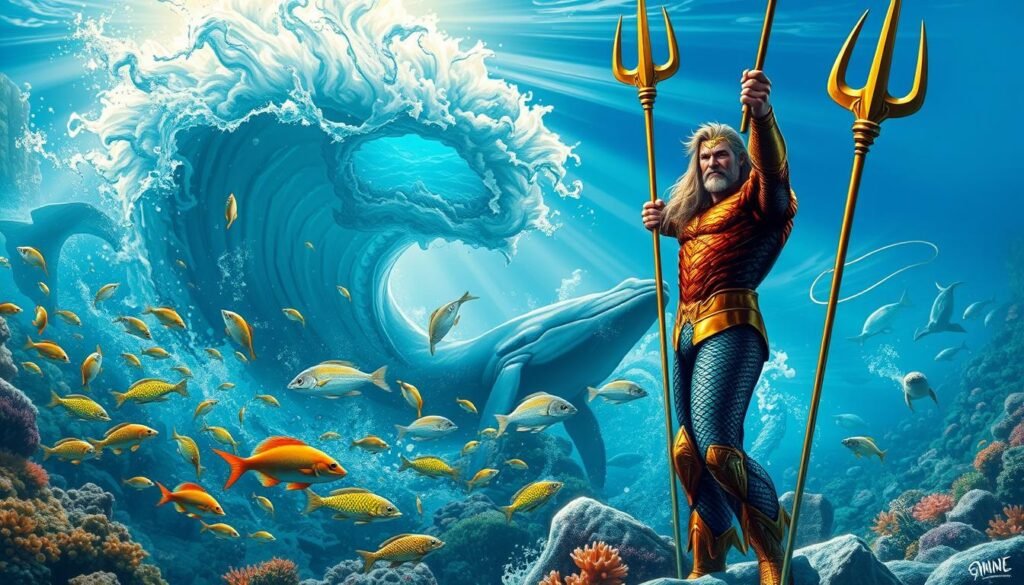 A detailed, dramatic portrayal of Aquaman's diverse aquatic powers, showcasing his command of the ocean beyond just swimming and breathing underwater. In the foreground, Aquaman stands tall, his regal Atlantean armor gleaming as he raises a mighty trident, conjuring a powerful waterspout that surges and twists around him. In the middle ground, schools of vibrant tropical fish swirl and dart, while massive marine creatures such as whales and giant squid emerge from the depths. The background depicts a sunlit, pristine ocean vista, with rays of light piercing the azure waters and coral reefs teeming with life. The overall scene conveys Aquaman's true, multifaceted aquatic abilities, going far beyond the limitations suggested in the comics.