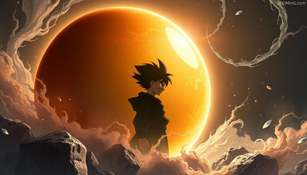 A detailed, dynamic illustration of the "Dragon Ball" universe, showcasing a dramatic close-up of the iconic Dragon Ball sphere against a subtly ethereal, richly textured backdrop. The ball's surface glistens with a warm, radiant glow, casting a soft, ambient light that illuminates the surrounding environment. In the middle ground, a faint silhouette of the legendary Sun Wukong, or Son Goku, emerges from the shadows, his expression serene and contemplative, hinting at the deep cultural and mythological influences that shape the character's persona. The background is a dreamlike fusion of swirling, cosmic energy and delicate, nature-inspired elements, evoking the mystic, otherworldly nature of the "Dragon Ball" narrative. Masterfully balanced lighting, intricate details, and a sense of depth and dimension create a visually captivating and artistically compelling image.