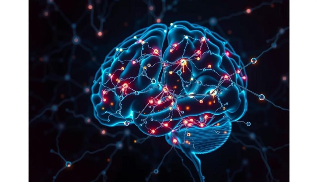 A detailed, high-resolution image of neural networks in the human brain. Show intricate, glowing synaptic pathways and neuronal connections forming a complex, three-dimensional web. Utilize a moody, atmospheric lighting with deep shadows and highlights to emphasize the biological architecture. Render the networks with a vibrant, neon-like palette, illuminating the electrical impulses and signals flowing through the brain. Set the scene against a dark, shadowy backdrop to make the neural structures the focal point. Capture the dynamism and energy of the brain's constant communication and information processing.