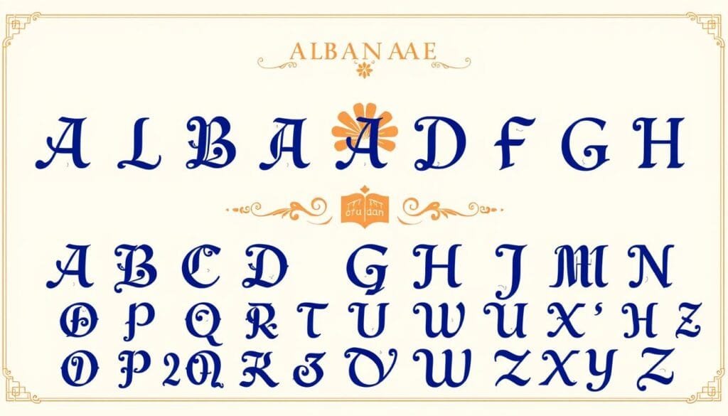 A detailed illustration of the Albanian alphabet, showcasing its 36 unique characters. The foreground features a visually striking display of the letters, each one elegantly rendered in a traditional calligraphic style against a clean, minimalist background. The middle ground subtly incorporates ornamental design elements, hinting at the rich cultural heritage of the Albanian language. The background maintains a soft, warm tone, creating a sense of timelessness and sophistication. The lighting is soft and diffused, accentuating the intricate details of the alphabetic forms. The composition is balanced and centered, allowing the viewer to fully appreciate the distinctive beauty and complexity of this European linguistic marvel.