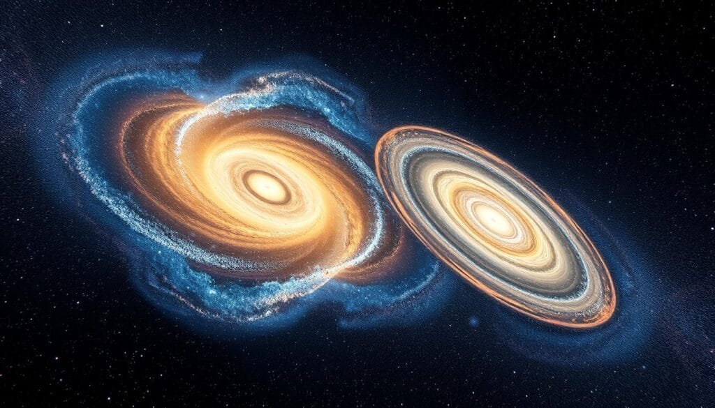 A detailed illustration of the Milky Way galaxy and the Andromeda galaxy, the two dominant members of the Local Group of galaxies, set against a star-filled cosmic backdrop. The Milky Way and Andromeda are depicted in vibrant hues, with realistic galactic structures and intricate details. The image showcases the immense scale and grandeur of these two interacting systems, hinting at their future collision in 4.5 billion years. The overall scene conveys a sense of awe and wonder at the dynamic nature of the cosmos, capturing the essence of the "Andrómeda en el Grupo Local y su futuro con la Vía Láctea" section of the article.