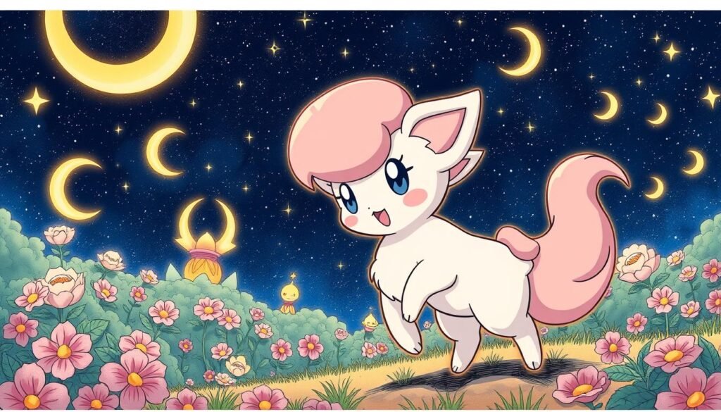 A detailed manga-style illustration of Clefairy, the original mascot of the Pokémon franchise, set against a vibrant backdrop. The celestial fairy Pokémon is depicted in dynamic motion, with its trademark fluffy body, curved ears, and whimsical expression. The foreground features Clefairy in the center, its iconic curled tail and stubby limbs accentuated. The middle ground showcases a lush, fantastical landscape with swirling stars, crescent moons, and mystical flora. In the background, a starry night sky creates a sense of wonder and enchantment. The lighting is soft and warm, evoking a nostalgic, manga-inspired aesthetic. The overall composition and style convey the essence of Clefairy's role as the proposed face of the "pocket monsters" in the early Pokémon concept.