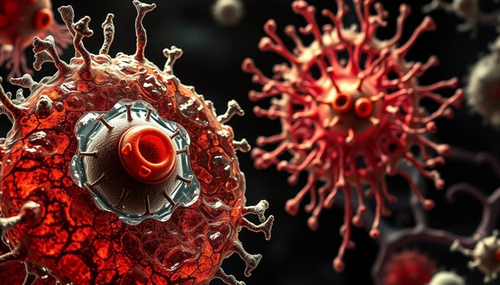 A detailed microscopic view of intracellular structures, showcasing the interplay between a cancerous cell and an endogenous retrovirus. The foreground highlights the viral capsid and envelope, nestled within the cell's nucleus. The middle ground reveals the viral RNA and reverse transcriptase, hijacking the host's cellular machinery. The background depicts the intricate web of cellular organelles, membranes, and signaling pathways, all disrupted by the viral infection. The lighting is sharp and contrasty, casting dramatic shadows to emphasize the complex, almost ominous nature of this biological interaction. The overall mood is one of scientific intrigue, hinting at the potential connections between these ancient viral remnants and modern health challenges. A detailed microscopic view of intracellular structures, showcasing the interplay between a cancerous cell and an endogenous retrovirus. The foreground highlights the viral capsid and envelope, nestled within the cell's nucleus. The middle ground reveals the viral RNA and reverse transcriptase, hijacking the host's cellular machinery. The background depicts the intricate web of cellular organelles, membranes, and signaling pathways, all disrupted by the viral infection. The lighting is sharp and contrasty, casting dramatic shadows to emphasize the complex, almost ominous nature of this biological interaction. The overall mood is one of scientific intrigue, hinting at the potential connections between these ancient viral remnants and modern health challenges.