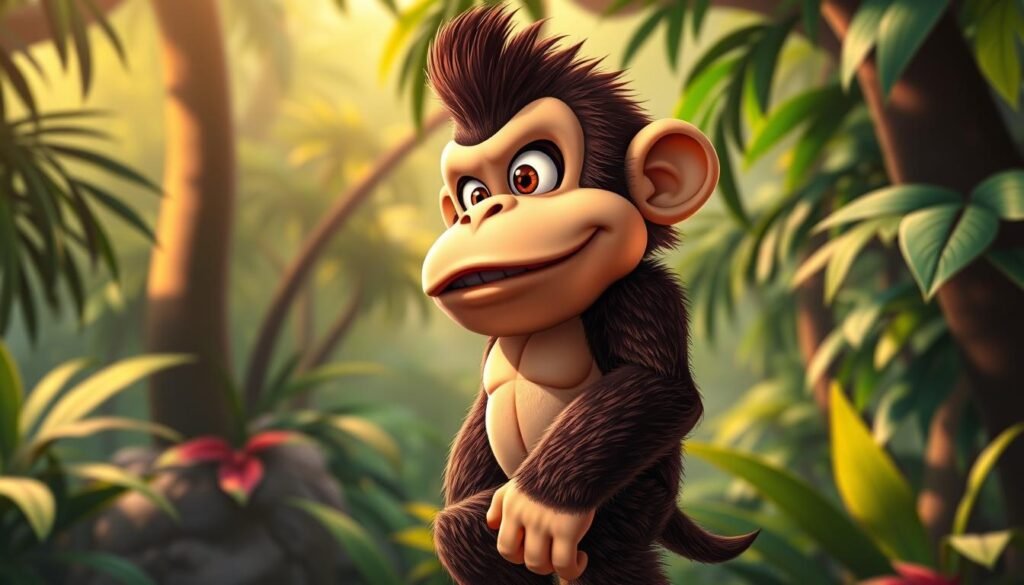 A detailed portrait of Donkey Kong Jr., the beloved character from the classic Nintendo video game. Set against a vibrant, lush jungle backdrop, the young ape stands upright, his mischievous expression and nimble fingers conveying his playful, adventurous nature. The lighting is warm and dynamic, casting soft shadows that accentuate the depth and contours of his simian features. Donkey Kong Jr. is rendered in a semi-realistic, high-detail style, capturing the character's iconic design with a sense of realism and vitality. The overall composition evokes a sense of nostalgia and wonder, befitting the character's transformation from occasional villain to enduring video game icon.