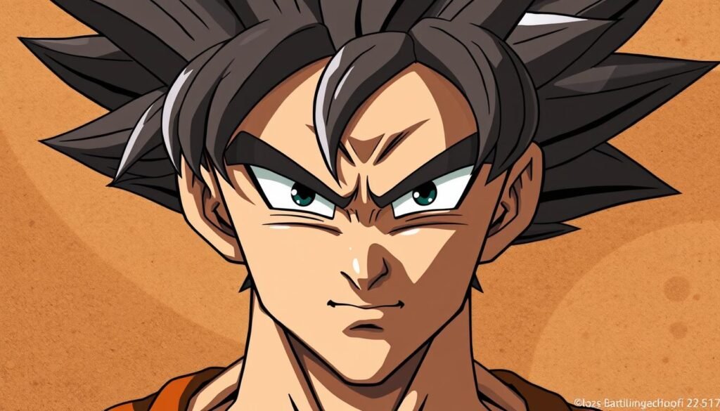 A detailed portrait of "Kakarotto", the original Saiyan name of the iconic anime character Son Goku. Set against a muted, earthy background, the image captures the character's intense gaze, chiseled facial features, and wild, spiky hair characteristic of the Saiyan race. The lighting is dramatic, casting shadows that accentuate the strong, angular lines of the face. The composition is tightly framed, drawing the viewer's attention to the character's powerful and determined expression. The overall mood is one of strength, legacy, and the duality of identity, reflecting the rich backstory of this legendary anime hero.