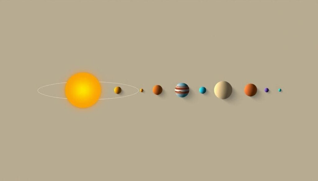 A detailed schematic illustration depicting the scale of the Solar System, showcasing the relative distances between the Sun and its orbiting planets. Rendered in a minimalist, technical style with a focus on precision and accuracy. The planets are shown in a linear arrangement, with the Sun positioned at the left and the outer planets receding into the distance. Subtle gradients and shadow effects convey depth and dimensionality. The background is a neutral, muted tone that allows the planetary bodies to take center stage. The overall composition emphasizes the vast spatial scales involved, from the close proximity of the inner planets to the light-minute and light-hour distances of the outer solar system. A detailed schematic illustration depicting the scale of the Solar System, showcasing the relative distances between the Sun and its orbiting planets. Rendered in a minimalist, technical style with a focus on precision and accuracy. The planets are shown in a linear arrangement, with the Sun positioned at the left and the outer planets receding into the distance. Subtle gradients and shadow effects convey depth and dimensionality. The background is a neutral, muted tone that allows the planetary bodies to take center stage. The overall composition emphasizes the vast spatial scales involved, from the close proximity of the inner planets to the light-minute and light-hour distances of the outer solar system.