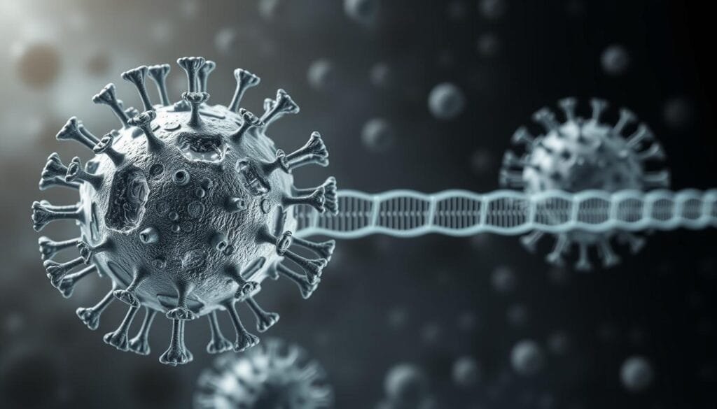 A detailed scientific illustration depicting a retrovirus endógeno, or endogenous retrovirus, against a backdrop of cellular structures. The foreground showcases the intricate viral capsid, surface proteins, and genome, rendered with meticulous accuracy. The middle ground reveals the integration of the viral DNA into the host's chromosomes, highlighting the process of genetic incorporation. The background depicts the cellular nucleus, ribosomes, and other organelles, creating a sense of scale and context. The overall scene conveys a balanced, clinical aesthetic, with subtle lighting and a clean, minimalist composition that emphasizes the technical and evolutionary aspects of this viral integration. A detailed scientific illustration depicting a retrovirus endógeno, or endogenous retrovirus, against a backdrop of cellular structures. The foreground showcases the intricate viral capsid, surface proteins, and genome, rendered with meticulous accuracy. The middle ground reveals the integration of the viral DNA into the host's chromosomes, highlighting the process of genetic incorporation. The background depicts the cellular nucleus, ribosomes, and other organelles, creating a sense of scale and context. The overall scene conveys a balanced, clinical aesthetic, with subtle lighting and a clean, minimalist composition that emphasizes the technical and evolutionary aspects of this viral integration.