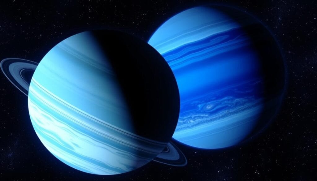 A detailed, side-by-side comparison of the ice giants Uranus and Neptune, set against a starry cosmic backdrop. In the foreground, Uranus is depicted tilted on its side, with its distinctive azure hue and ghostly rings visible. In the middle ground, Neptune shimmers in deep shades of cobalt and azure, its Great Dark Spot swirling dramatically. The planets are positioned to highlight their similarities and differences in size, tilt, and atmospheric features. The scene is bathed in a cool, ethereal light, conveying the otherworldly nature of these distant worlds. The composition emphasizes the planets' unique characteristics and their place in the grand tapestry of our solar system.