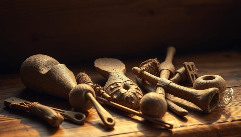 A detailed still-life scene of intricately crafted tools from the island of New Caledonia, artfully arranged on a wooden surface. The tools, made from local materials like wood, stone, and bone, display the ingenuity and skill of the island's indigenous people. Warm, golden lighting illuminates the scene, casting gentle shadows that accentuate the textures and forms of the unique implements. The composition is balanced and visually striking, inviting the viewer to closely examine the tools and appreciate the rich cultural heritage they represent.