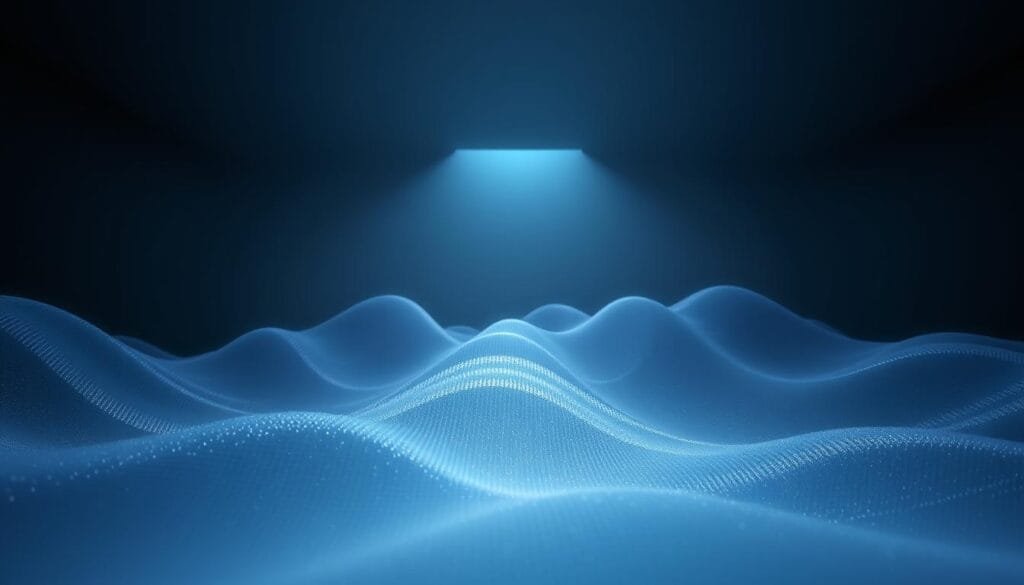 A detailed three-dimensional visualization of acoustic oscillations of baryonic matter, showcasing the intricate patterns and fluctuations that serve as crucial tracers of the Universe's expansion. The scene depicts a serene, dimly lit environment, with a sharp focus on the undulating waves of energy that ripple through the cosmic fabric. Soft, muted hues of blue and purple create a contemplative atmosphere, while precise lighting accentuates the depth and complexity of the oscillations. The camera angle provides an immersive, almost ethereal perspective, allowing the viewer to fully appreciate the elegant, wave-like structures that hold the key to unlocking the mysteries of dark energy.