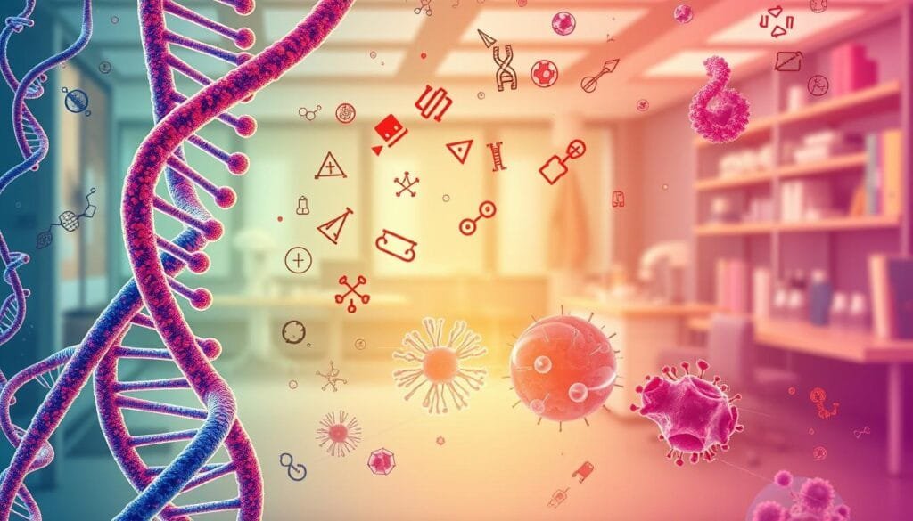 A detailed, vibrant illustration of the human genome and its connection to genetic diseases. In the foreground, a double-helix DNA structure unravels, revealing a tapestry of intricate molecular patterns. Floating amidst the DNA, various icons and symbols represent different genetic disorders, such as chromosomal abnormalities, single-gene defects, and complex multifactorial conditions. The middle ground showcases a microscopic view of diseased cells, their structures distorted by genetic mutations. In the background, a softly-lit scientific laboratory setting, with test tubes, microscopes, and other diagnostic equipment, suggests the ongoing research and medical advancements in understanding the genotype-phenotype relationship. The overall scene conveys the complexity of the human genome and the crucial role it plays in both health and disease.