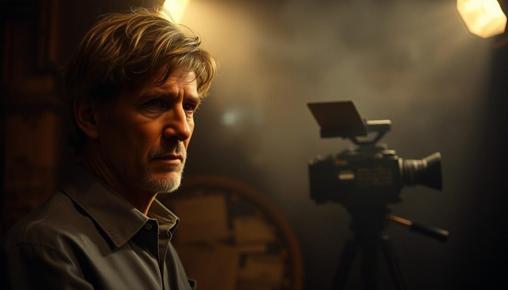 A dimly lit Hollywood movie set, with a ghostly presence of legendary actor Harrison Ford in the foreground. The scene is shrouded in a moody, atmospheric haze, creating a sense of mystery and anticipation. In the background, a vintage camera and lighting equipment suggest the abandoned filming of a long-lost scene. The lighting is dramatic, with strong shadows and highlights that accentuate the cinematic mood. The overall composition is balanced, with a sense of depth and scale that suggests the grandeur of a major film production. The mood is contemplative, hinting at the untold stories and missed opportunities that lie within the shadows of Hollywood's past.