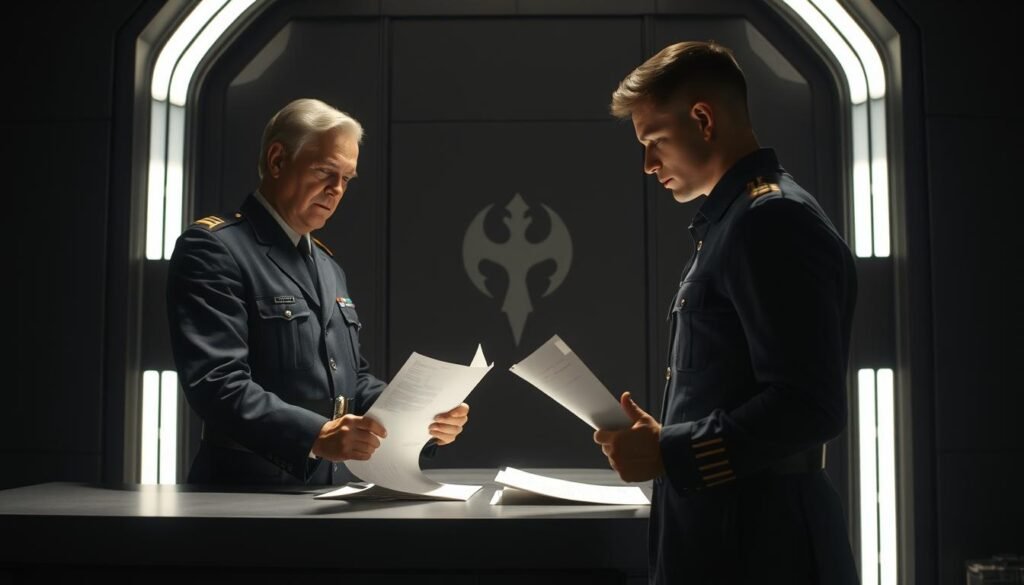 A dimly lit Imperial recruitment office, with a middle-aged officer standing behind a desk, meticulously inspecting the documents of a young, clean-shaven man in a crisp uniform, the backdrop a sleek, grey-toned interior with subtle Imperial insignia. Dramatic side lighting casts dramatic shadows, creating a somber, yet authoritative atmosphere. The scene conveys the gravity and formality of the Imperial recruitment process, with the officer's stoic expression and the recruit's nervous anticipation palpable. The overall composition should emphasize the imposing presence of the Imperial regime and the stakes involved in this critical moment.