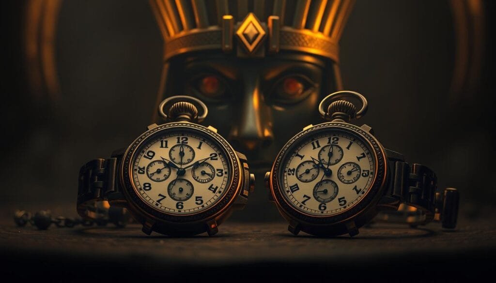 A dimly lit, ancient Egyptian-inspired scene featuring a pair of ornate, double-faced watches and the piercing gaze of an Osiris-inspired figure. The watches are intricately detailed, their brass casings gleaming in the soft, warm lighting. The Osiris-like entity's penetrating eyes seem to gaze into the viewer's soul, radiating a sense of timeless mysticism. The background is shrouded in an enigmatic, shadowy atmosphere, hinting at the enigmatic nature of the artifacts. The overall composition evokes a feeling of wonder and intrigue, capturing the essence of the "Detalles que intrigan" section of the article. A dimly lit, ancient Egyptian-inspired scene featuring a pair of ornate, double-faced watches and the piercing gaze of an Osiris-inspired figure. The watches are intricately detailed, their brass casings gleaming in the soft, warm lighting. The Osiris-like entity's penetrating eyes seem to gaze into the viewer's soul, radiating a sense of timeless mysticism. The background is shrouded in an enigmatic, shadowy atmosphere, hinting at the enigmatic nature of the artifacts. The overall composition evokes a feeling of wonder and intrigue, capturing the essence of the "Detalles que intrigan" section of the article.