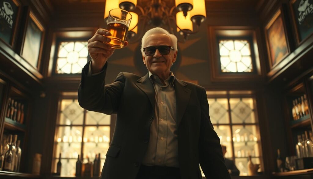 A dimly lit bar interior, with a warm, amber glow filtering in from the windows. In the center, Stan Lee, dressed impeccably in a suit, raises a glass in a celebratory toast, his face alight with a joyful, unforgettable expression. The scene is captured from a low angle, emphasizing the grandeur of the moment, with the background softly blurred to keep the focus on Lee's captivating presence. The composition exudes a sense of reverence and admiration, perfectly capturing the essence of the "Avengers: Age of Ultron" cameo that Stan Lee considered his favorite.