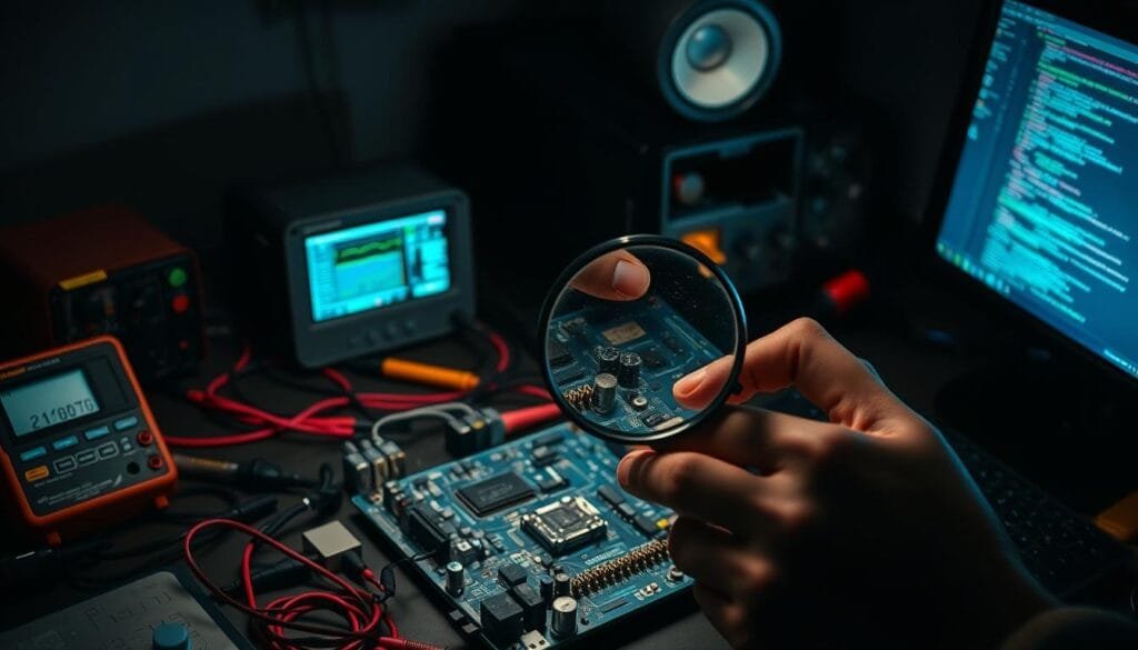 A dimly lit computer workstation, the soft glow of the monitor illuminating a complex circuit board. In the foreground, a magnifying glass hovers over the intricate components, the engineer's hands carefully examining each connection. Surrounding the desk, an array of diagnostic tools and debugging equipment - multimeters, oscilloscopes, and soldering irons - all positioned within reach. The background is shrouded in shadow, emphasizing the focused intensity of the task at hand. The scene conveys a sense of meticulous problem-solving, a dedication to uncovering and resolving the hidden technical issues, the very essence of "depuración" - the debugging process that is essential to the craft of software development. A dimly lit computer workstation, the soft glow of the monitor illuminating a complex circuit board. In the foreground, a magnifying glass hovers over the intricate components, the engineer's hands carefully examining each connection. Surrounding the desk, an array of diagnostic tools and debugging equipment - multimeters, oscilloscopes, and soldering irons - all positioned within reach. The background is shrouded in shadow, emphasizing the focused intensity of the task at hand. The scene conveys a sense of meticulous problem-solving, a dedication to uncovering and resolving the hidden technical issues, the very essence of "depuración" - the debugging process that is essential to the craft of software development.