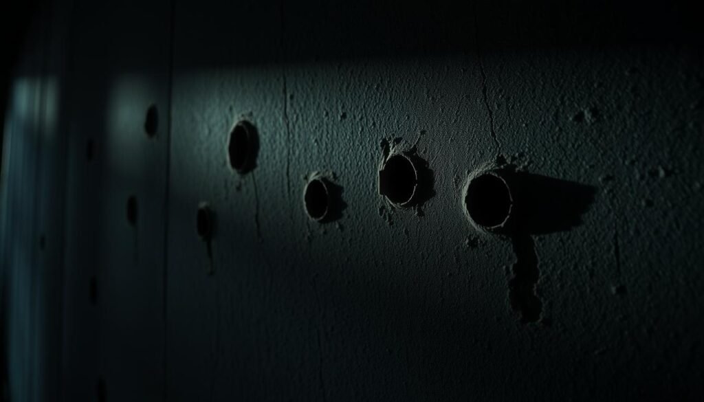 A dimly lit interior, the focus on a textured wall marred by a series of small, circular perforations - bullet holes. The lighting casts dramatic shadows, emphasizing the jagged edges of the damaged plaster. The wall appears worn, perhaps hinting at a history of violence or accident. The image should convey a sense of mystery and intrigue, inviting the viewer to ponder the unseen events that led to these curious marks. Capture the scene with a cinematic, low-angle perspective, as if the viewer is peering up at the wall, drawing them into the narrative. The overall mood should be somber, yet intriguing, mirroring the subject matter.